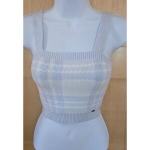 Hollister Womens XS Knit Cropped Plaid Tank Top Light Blue & White fairycore